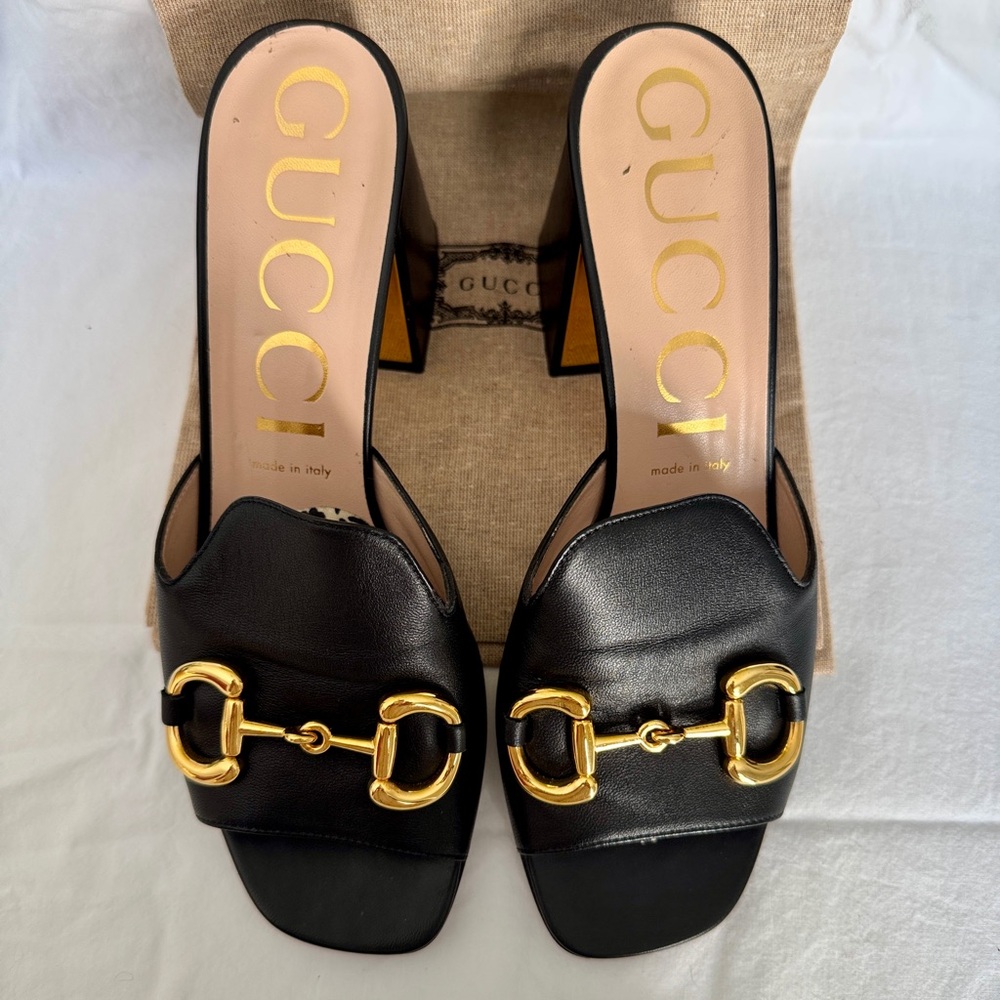 Gucci Horse Bit Black Leather chunky Heel Slides 40